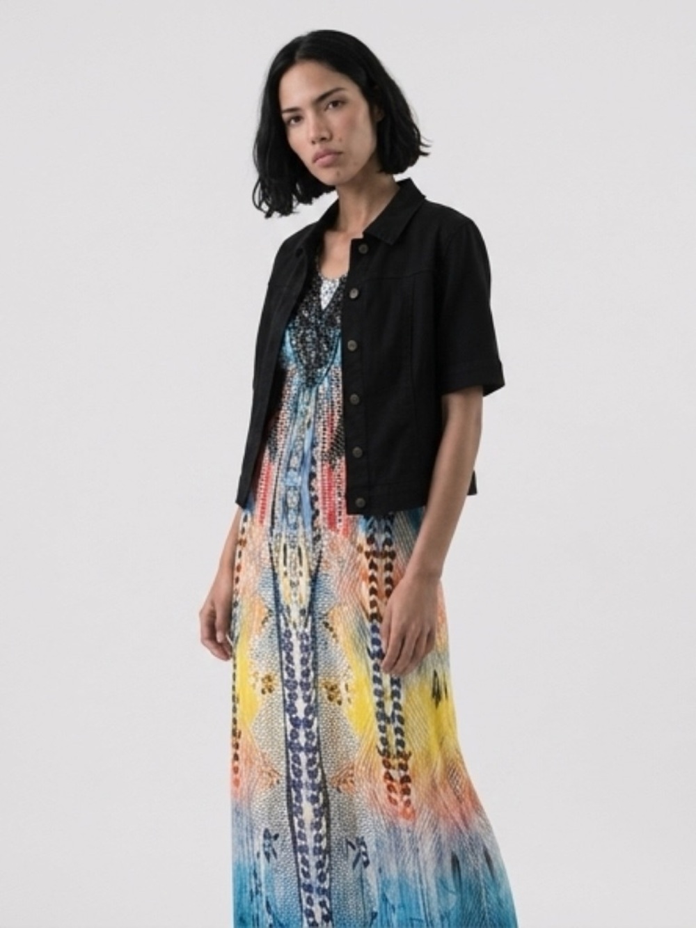 Sleeveless Multicolor Patterned Maxi Dress - Blue/Yellow/Coral